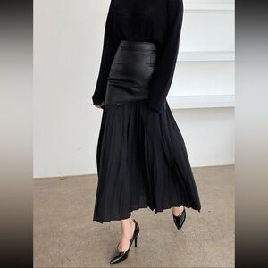 NWT Commense Black Leather and Pleated Midi Skirt